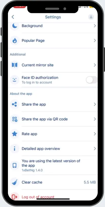 1xBet iOS app settings